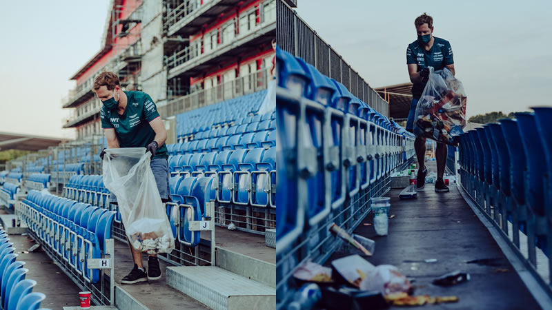 Vettel da ejemplo recogiendo basura que dejaron aficionados tras carrera de F1 en Silverstone